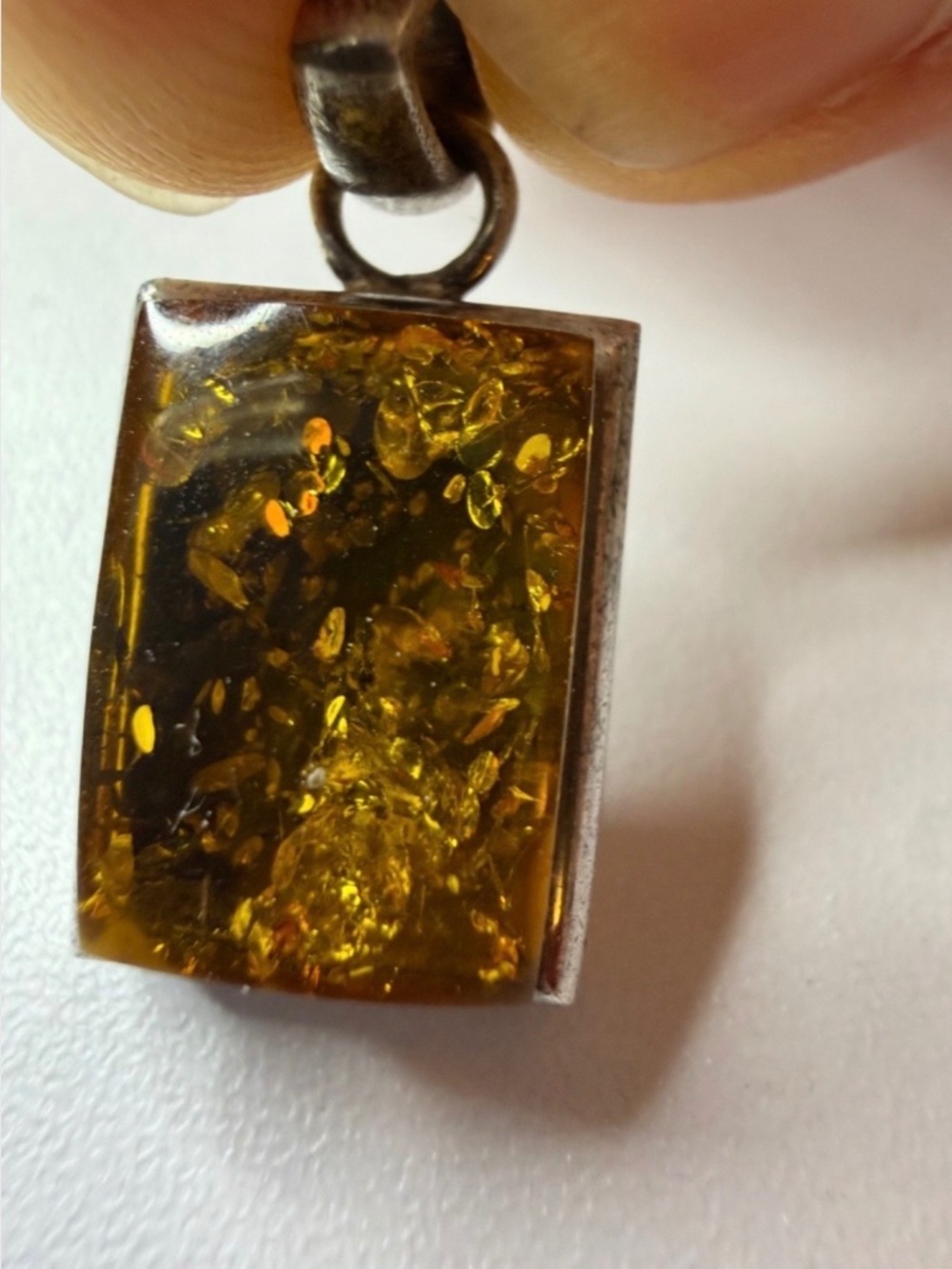 Vintage Silver Tone Amber Rectangle Pendant Unmarked 1" L